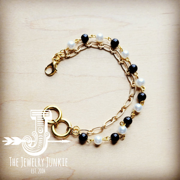 *Black and Pearl Gold Bracelet with Paperclip Chain 807z