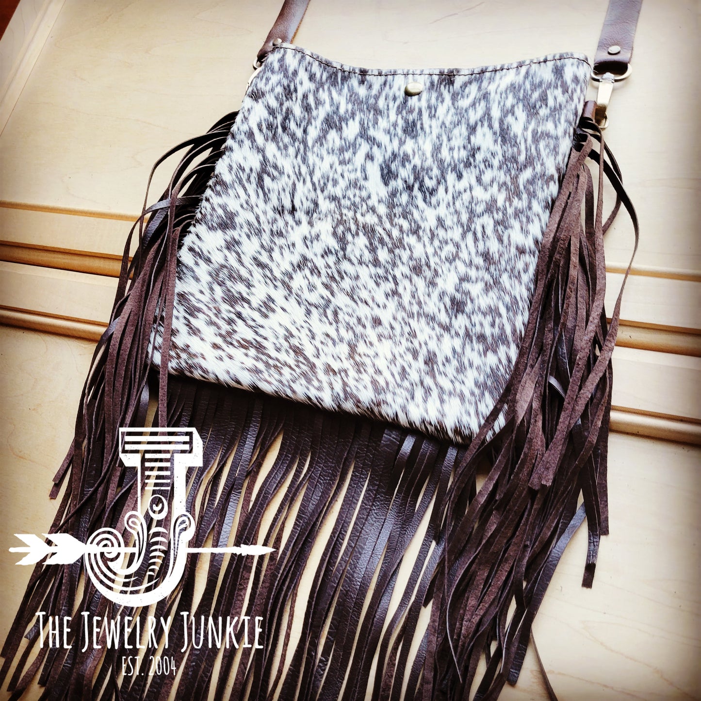 MEDIUM Crossbody Handbag Dark Brown Salt & Pepper Leather w/ Fringe 512w
