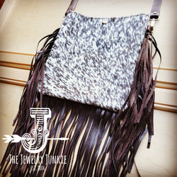 MEDIUM Crossbody Handbag Dark Brown Salt & Pepper Leather w/ Fringe 512w