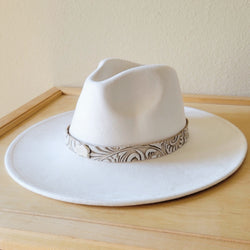 Sandy White Floral Embossed Leather Hat Band w/ Turquoise Slab 951b