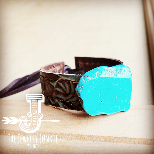 Narrow Leather Cuff w/ Turquoise Slab-Turquoise Floral 014x
