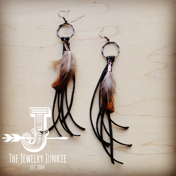 Boho Brown Deer Skin Leather Tassel Earring-Brown Feather 217a