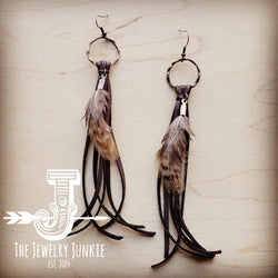 Boho Brown Deer Skin Leather Tassel Earring-Yellow Feather 217b