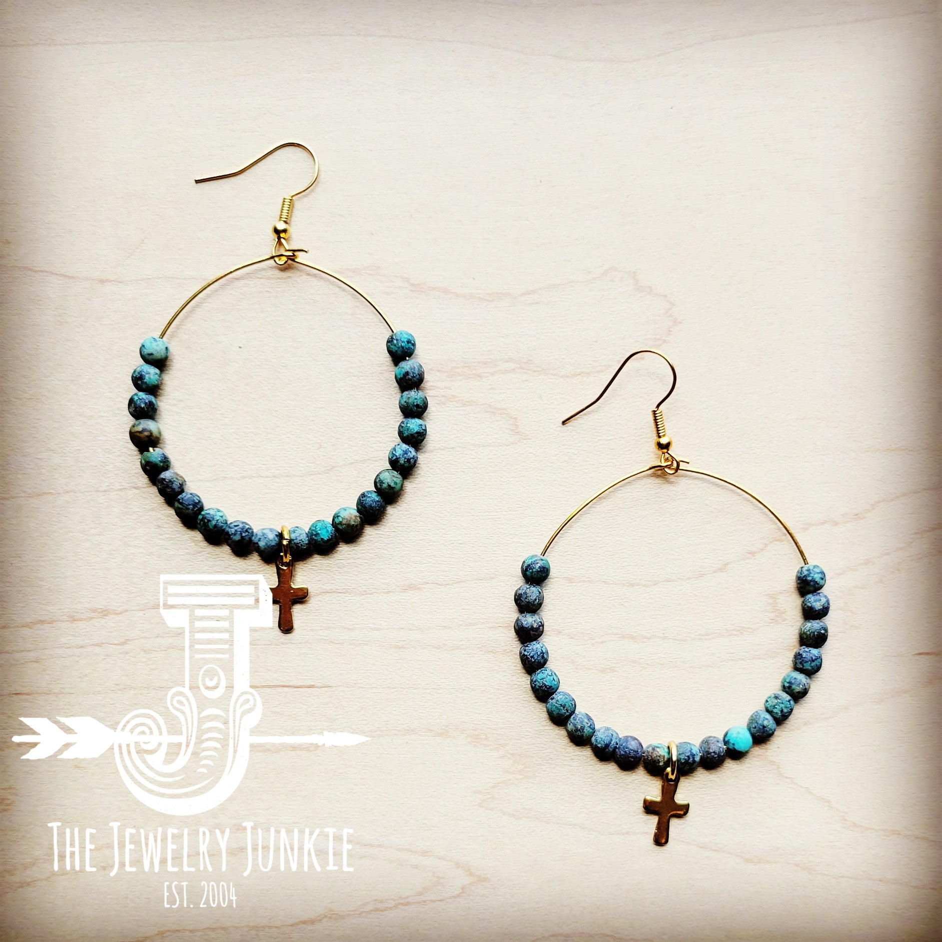 Beaded Hoop Earrings- African Turquoise Cross