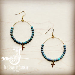Beaded Hoop Earrings- African Turquoise w/ Cross Dangle 215e