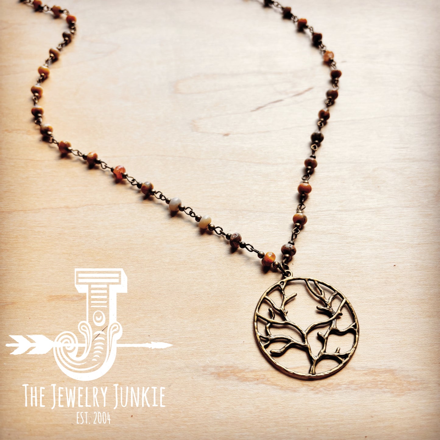 Natural Agate Beaded Necklace w/ Tree of Life Pendant 257n