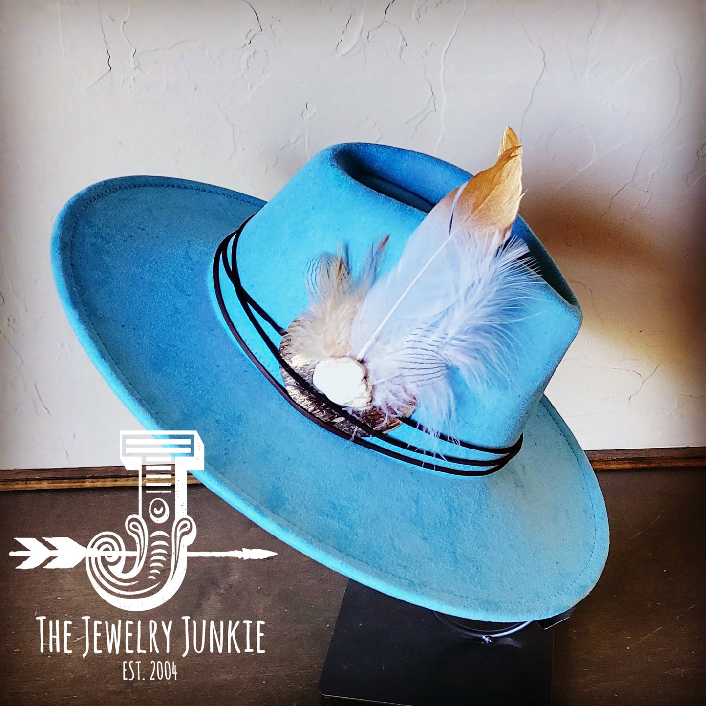 Boho Western Hat w/ Choice of Feather Hat Band-Baby Blue 982h