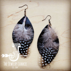 Western Leather Oval Earrings Black with Spotted Feather 216k