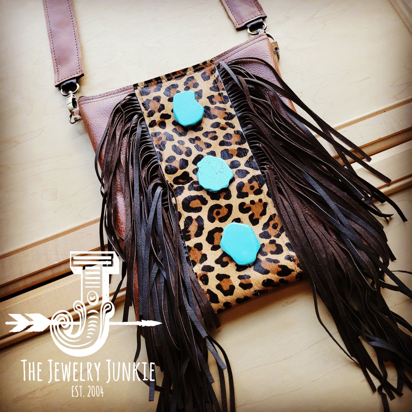 Brown Leather Crossbody Handbag w/ Leopard & Turquoise Slabs 512f