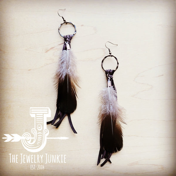 Leather Tassel Earring-Blue/Black Feather