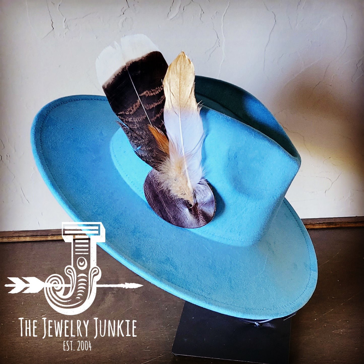 Boho Western Hat w/ Feather Tie Hat Baby Blue 982u