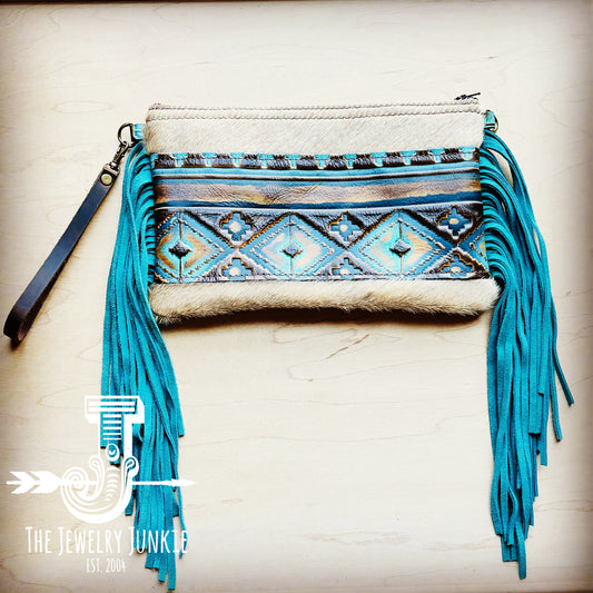 Hair on Hide Handbag w/ Blue Navajo Accent & Blue Fringe 513r