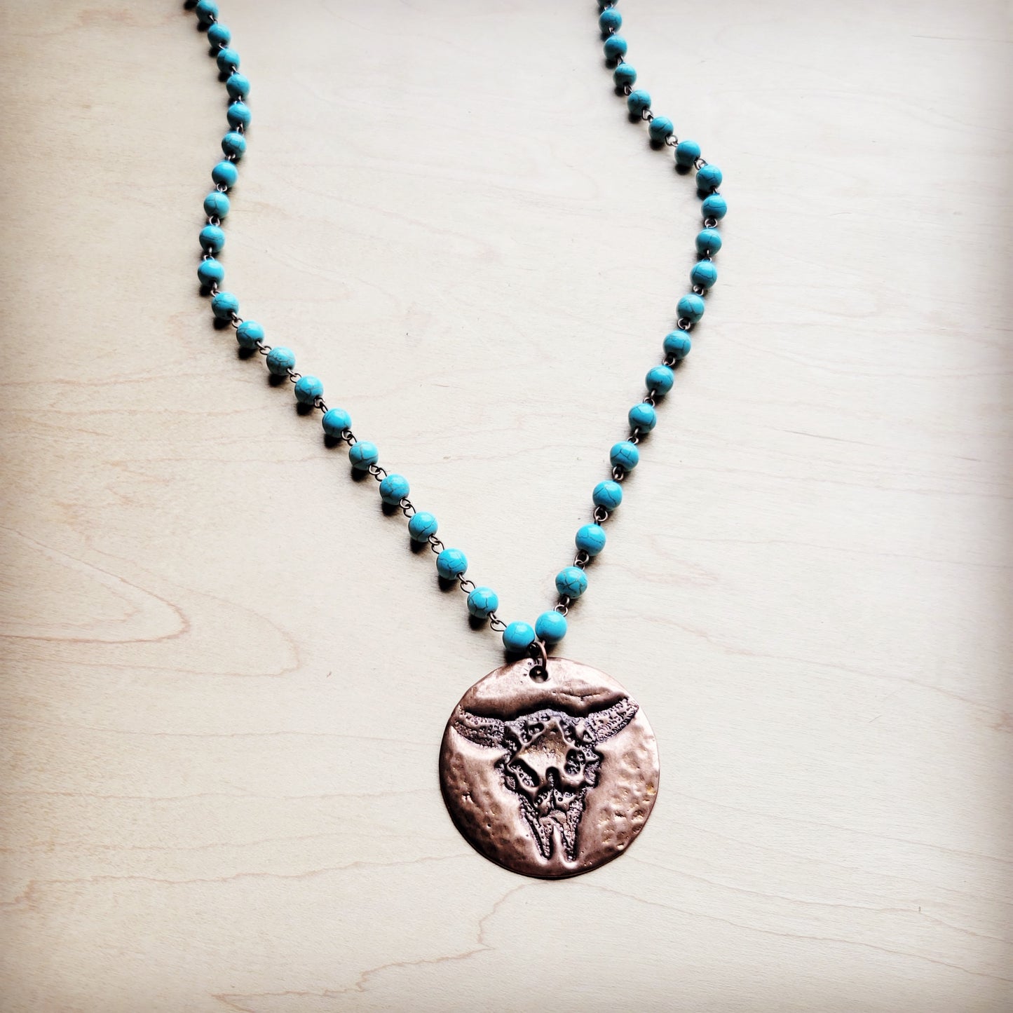 **Blue Turquoise Beaded Necklace w/ Longhorn Pendant 260k