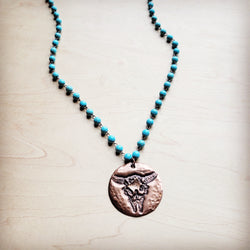 **Blue Turquoise Beaded Necklace w/ Longhorn Pendant 260k