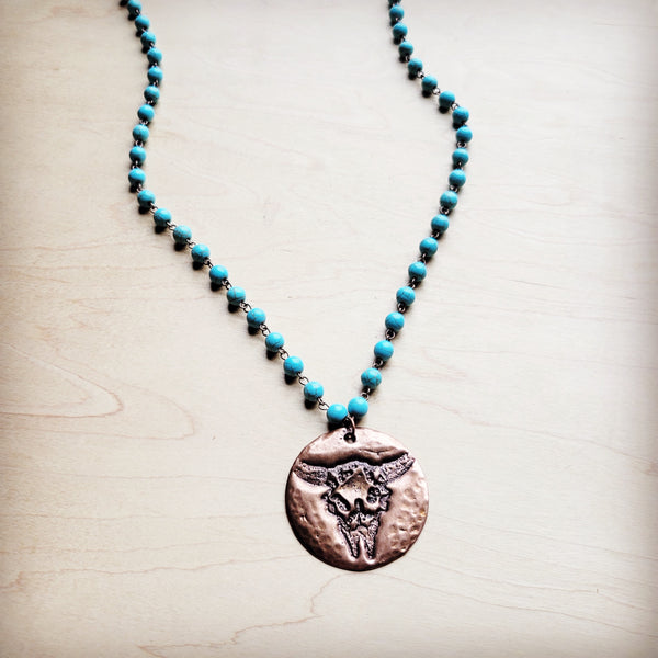 **Blue Turquoise Beaded Necklace w/ Longhorn Pendant 260k