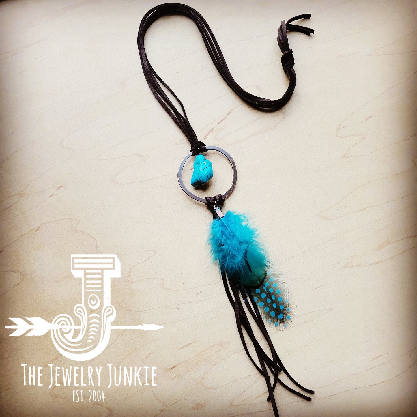 **Brown Boho Leather Necklace w/ Turquoise & Turquoise Feathers 256u