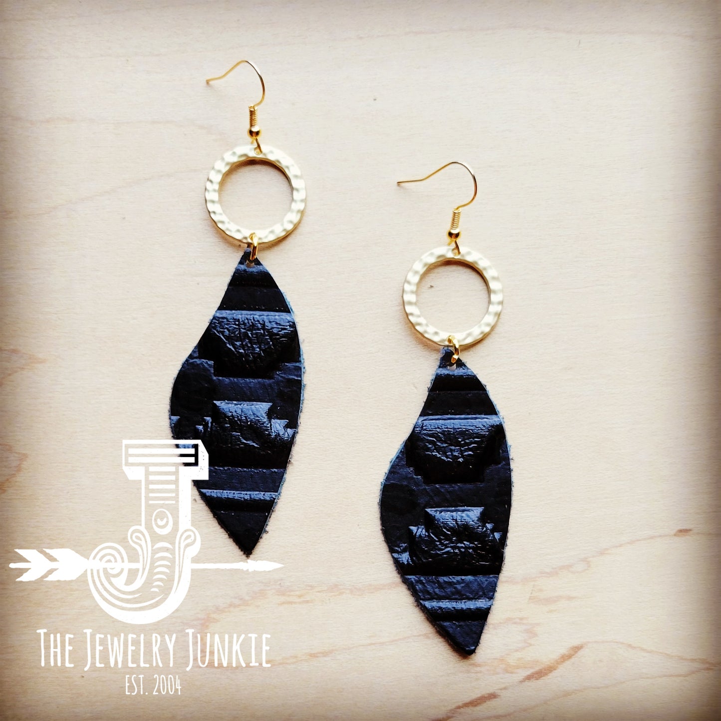 *Matte Gold Hoop Earrings w/ Black Navajo Leather Dangle 215y