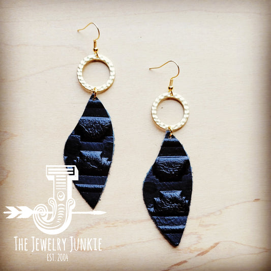 *Matte Gold Hoop Earrings w/ Black Navajo Leather Dangle 215y