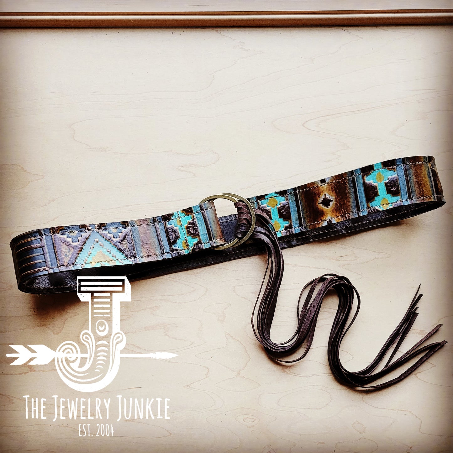 Blue Navajo Leather Belt with Leather Fringe Closure 905k