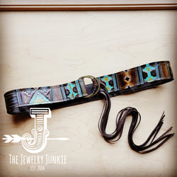 Blue Navajo Leather Belt with Leather Fringe Closure 905k