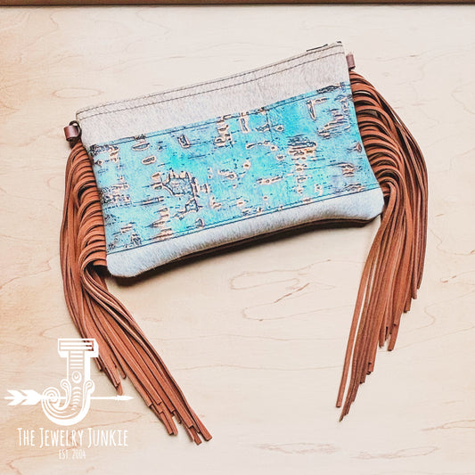 **Hair on Hide Handbag w/ Turquoise Metallic Accent & Fringe 514g