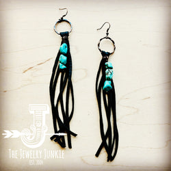 Leather Fringe Earrings with Turquoise Chunks Black 218n