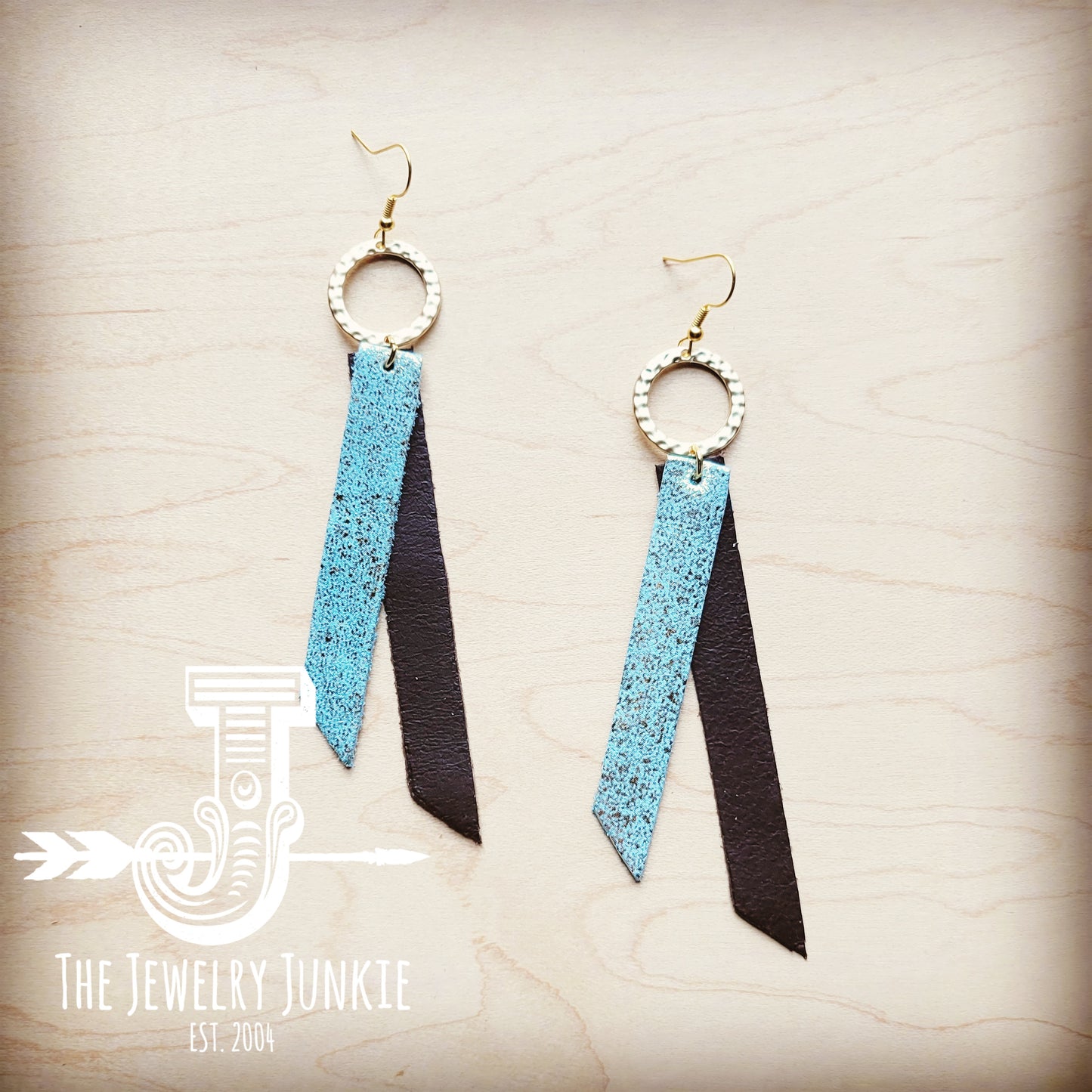*Leather Rectangle Earrings w/ Matte Gold  in Heavy Metal Turquoise 213c