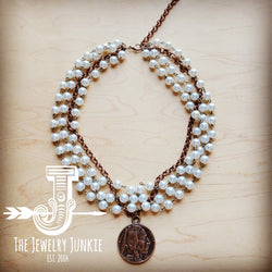 Pearl and Copper Collar-Length Necklace with Indian Coin 255w