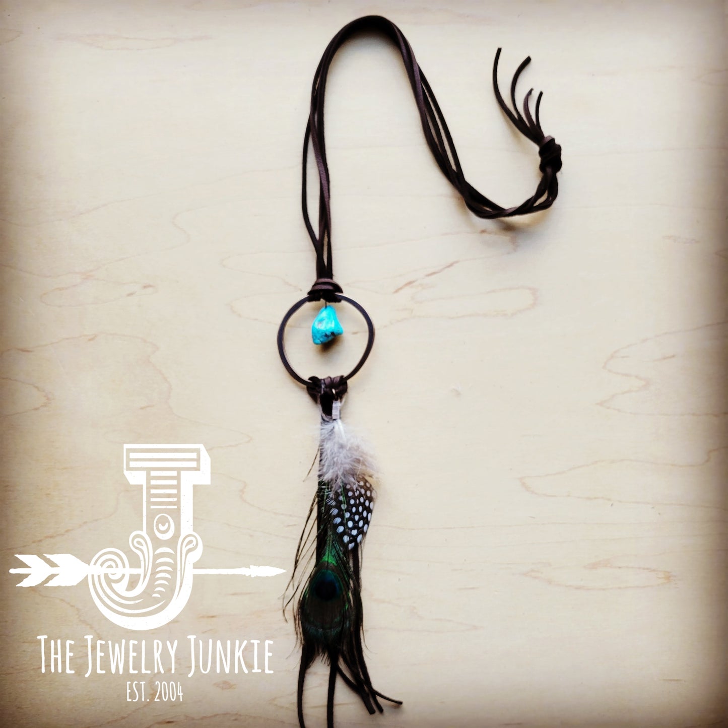 **Brown Boho Leather Necklace w/ Turquoise & Peacock Feathers 256w