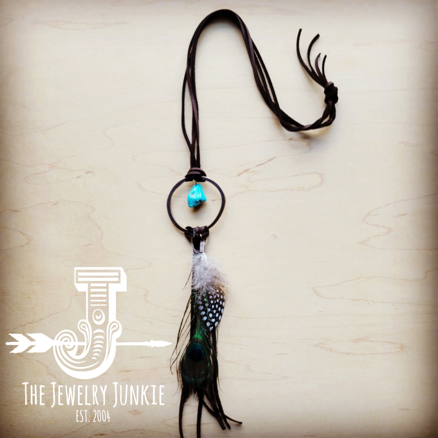 Brown Boho Leather Necklace w/ Turquoise & Peacock Feathers 256w