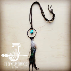 **Brown Boho Leather Necklace w/ Turquoise & Peacock Feathers 256w