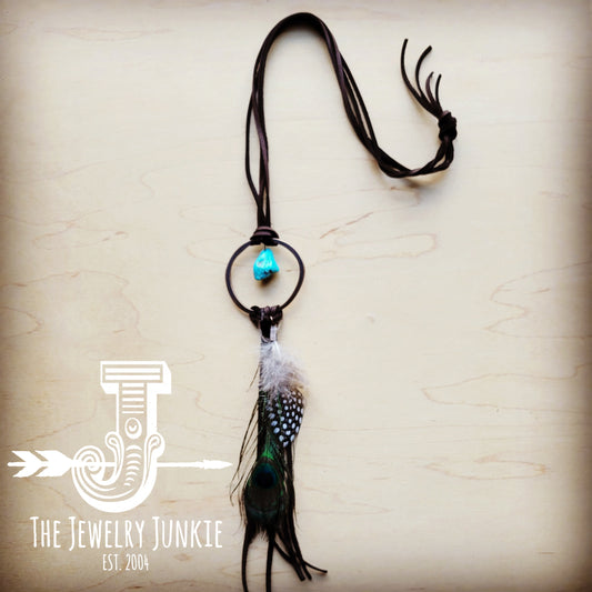 **Brown Boho Leather Necklace w/ Turquoise & Peacock Feathers 256w