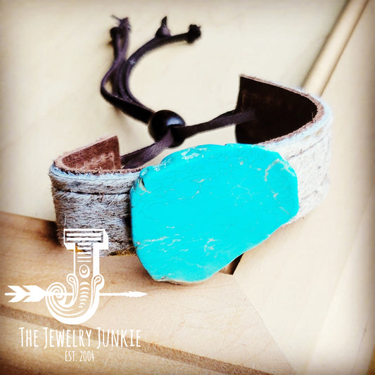 Narrow Leather Cuff w/ Turquoise Slab-Gold Hair Hide 001j