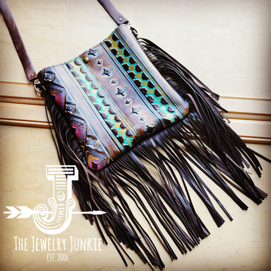 MEDIUM Crossbody Handbag w/ Magenta Navajo Leather Full Fringe 512i