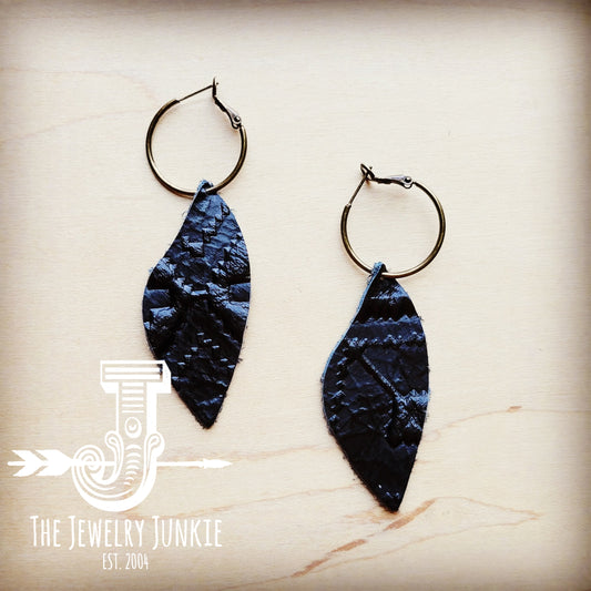 **Antique Gold Hoop Earrings w/ Black Navajo Leather Dangle 215x