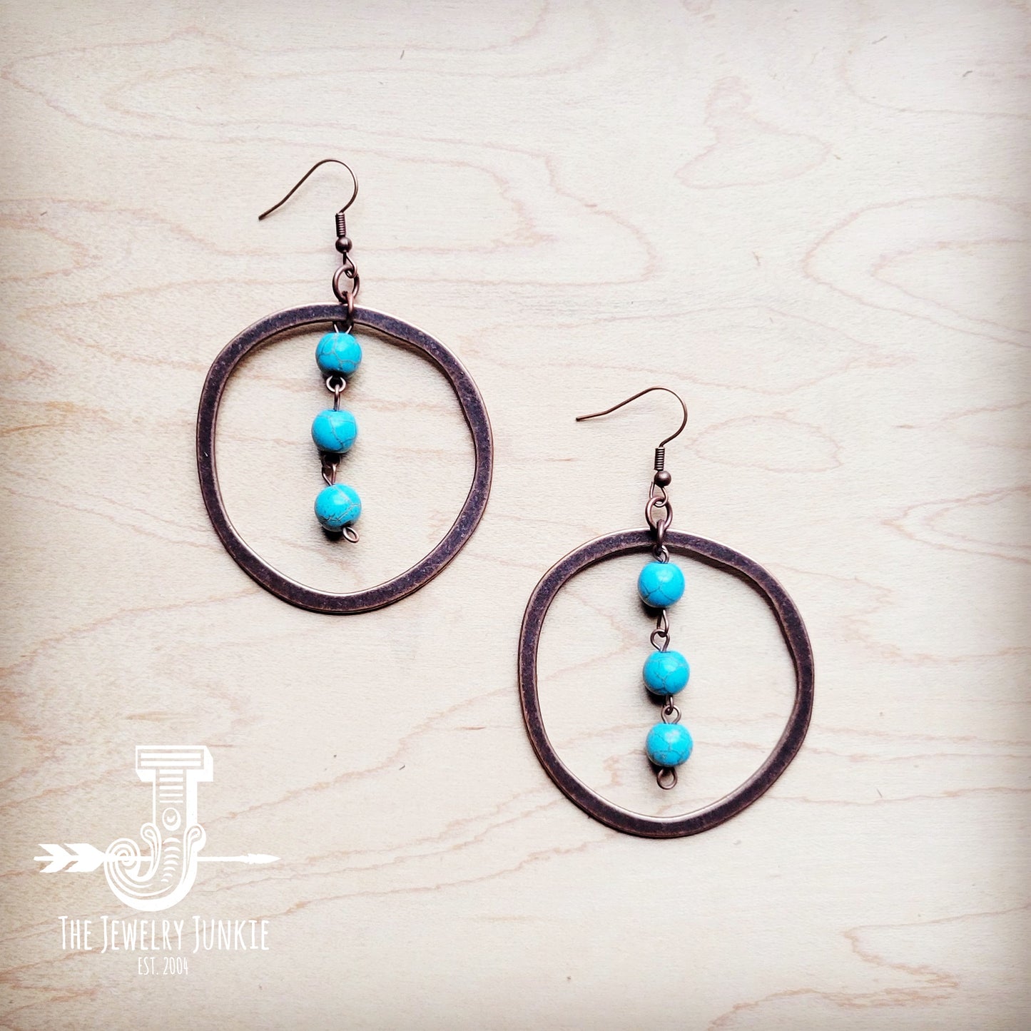 Western Copper Hoop Earrings w/ Blue Turquoise Beads 224f