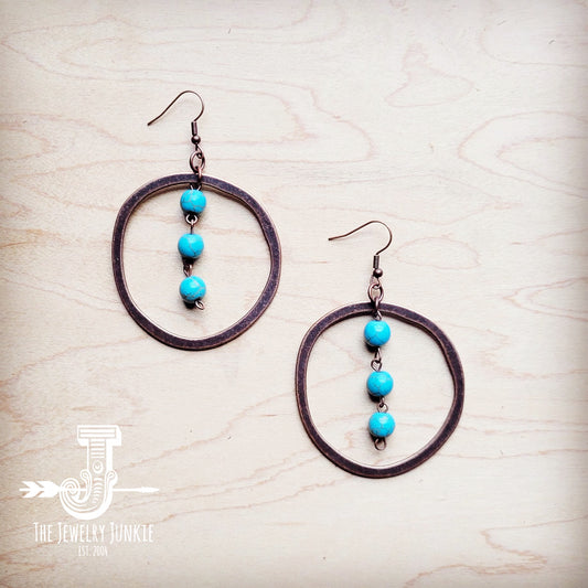 Western Copper Hoop Earrings w/ Blue Turquoise Beads 224f