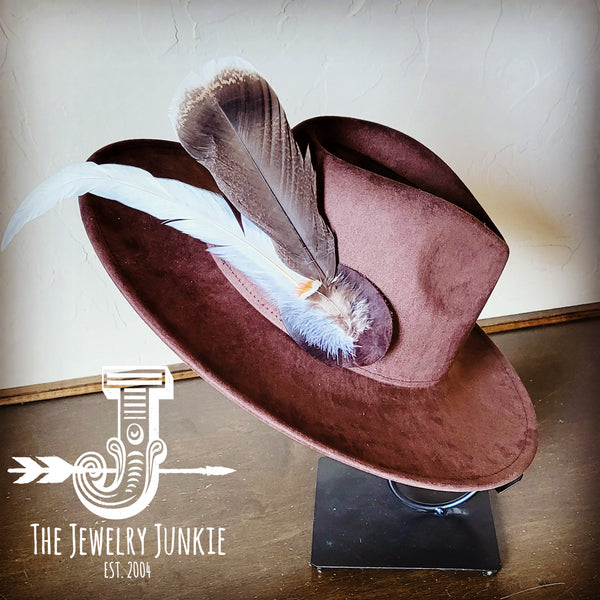 Boho Western Hat w/ Feather Tie Hat Band-Brown 982q