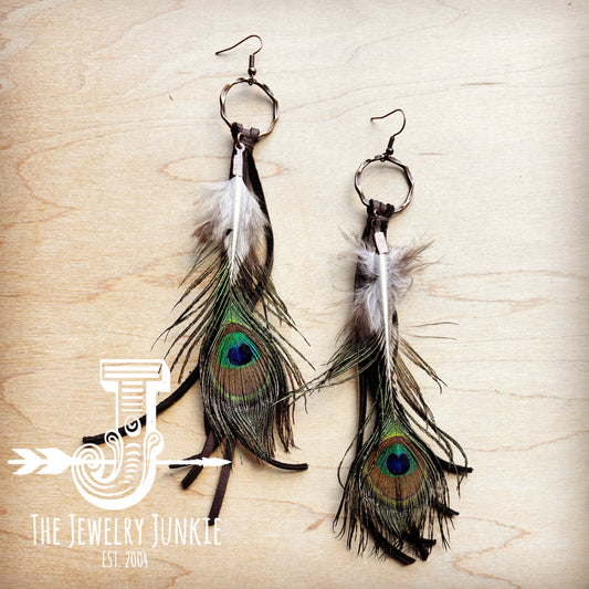 Brown Deer Skin Leather Tassel Earring Peacock Feather 219h