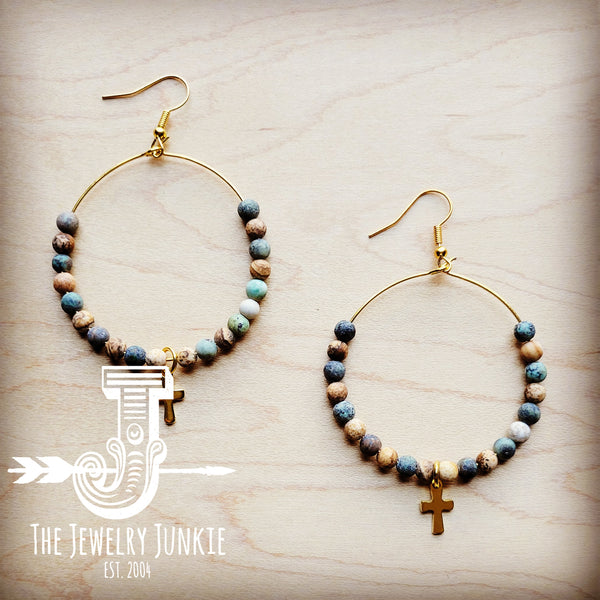 Beaded Hoop Earrings- Jasper & African Turquoise w/ Cross Dangle 212k
