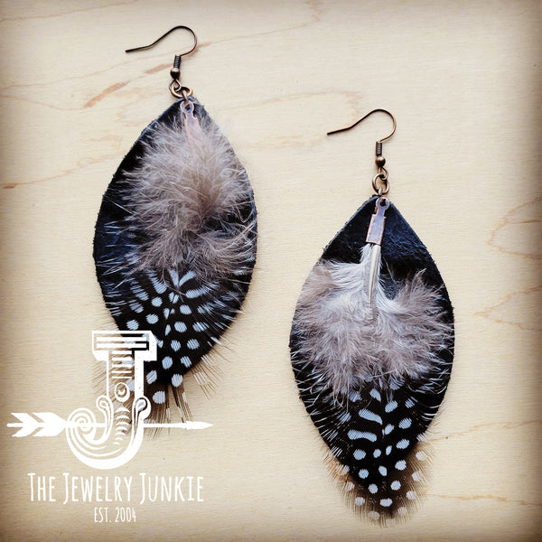 Western Leather Oval Earrings Black with Spotted Feather 216k