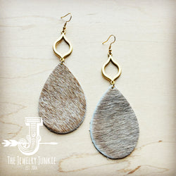 **Hair Hide Leather Teardrop Earrings Tan w/ Matte Gold Dangle 219s