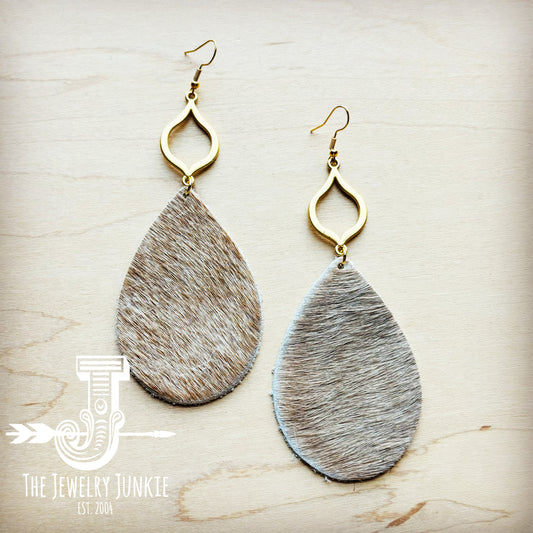 **Hair Hide Leather Teardrop Earrings Tan w/ Matte Gold Dangle 219s