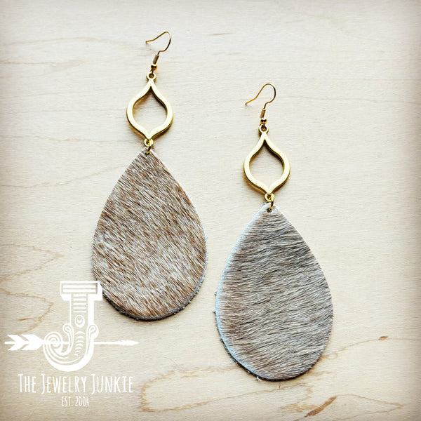 **Hair Hide Leather Teardrop Earrings Tan w/ Matte Gold Dangle 219s