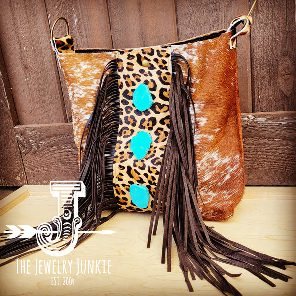 Tejas Brown Leather Bucket Handbag w/ Leopard & Triple Turquoise 511z
