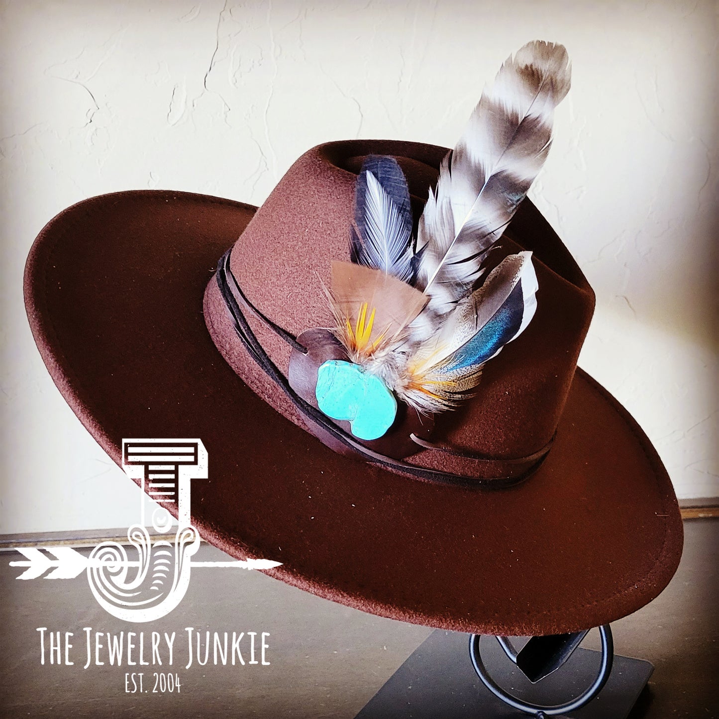Boho Western Felt Hat w/ Choice of Turquoise Hat Accent-Brown 981e