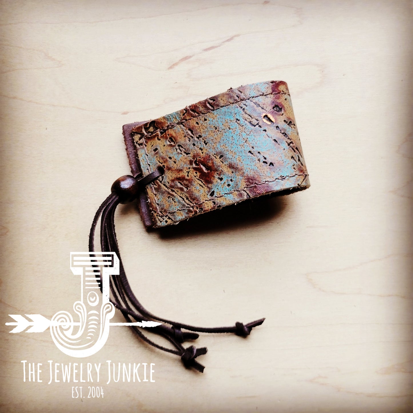 *Wide Leather Cuff w/ Adjustable Tie-Copper Tarnished Driftwood 002x
