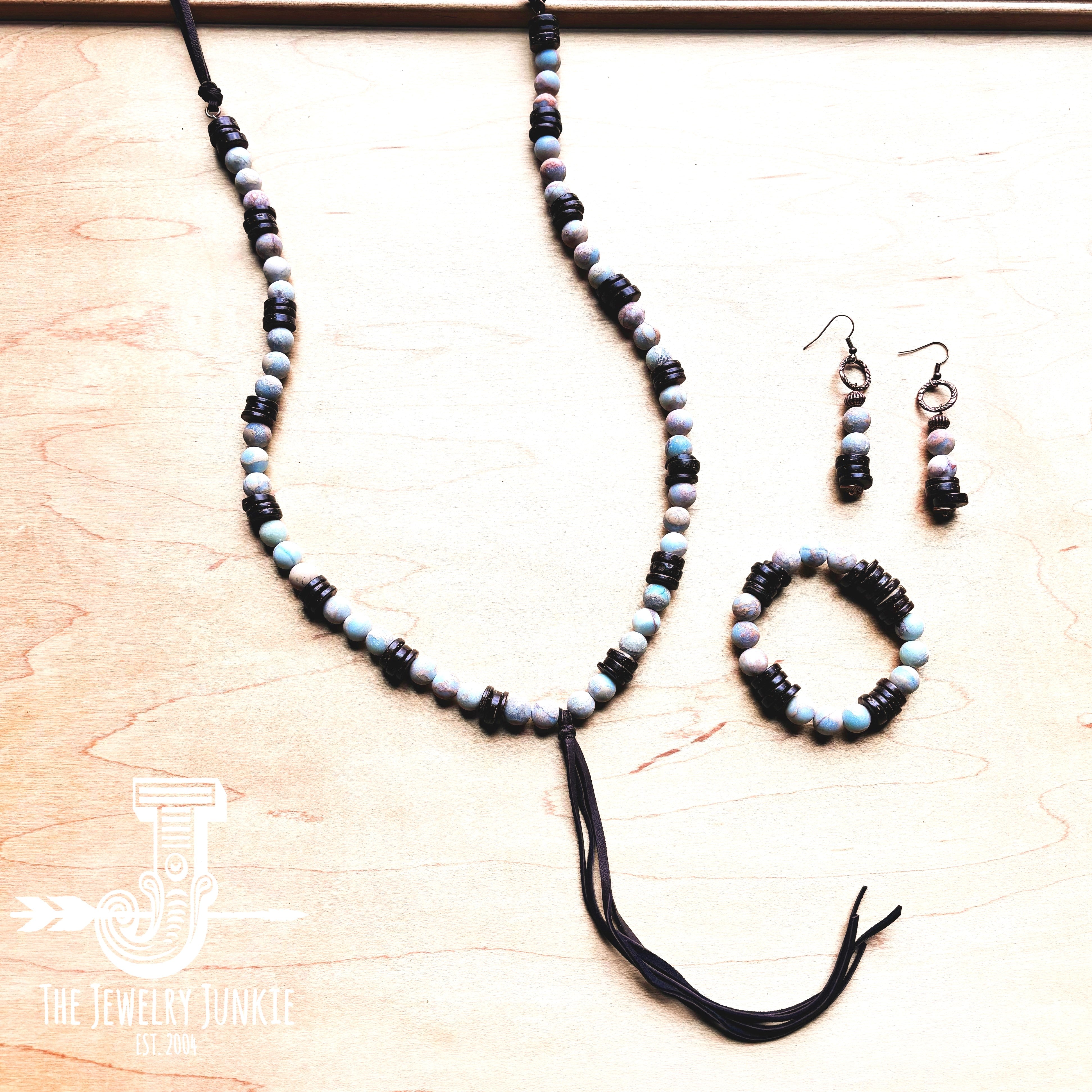 Frosted Aqua Terra Necklace with Wood Beads and Leather Tassel