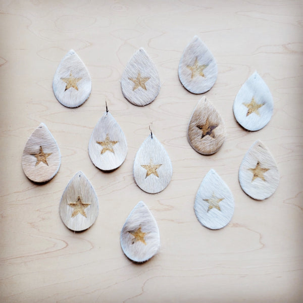 Leather Teardrop Earrings Branded Hair-on-Hide Star 224q