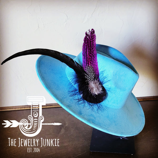 Boho Western Hat w/ Feather Tie Hat Baby Blue 982u